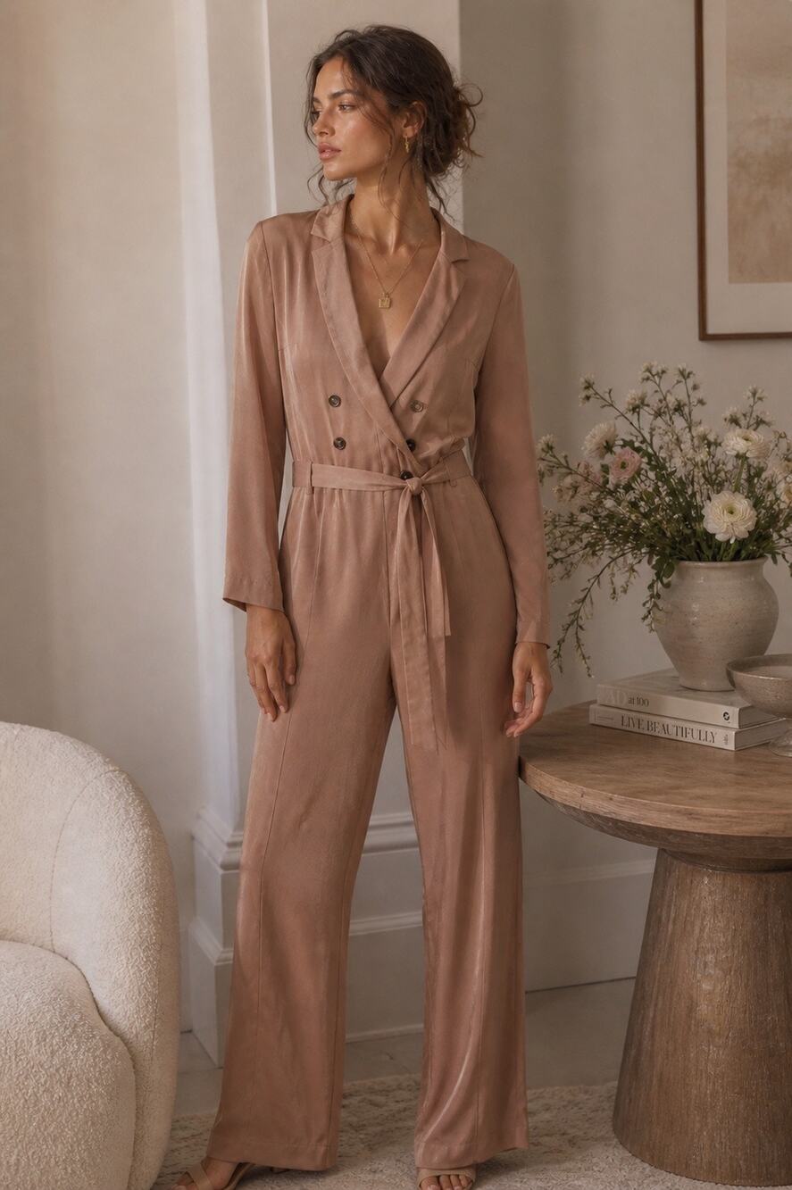 FREE PEOPLE Silky Satin Low V-neck Button Front Long Sleeve Belted Jumpsuit XS